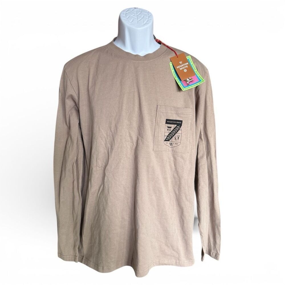 NWT Mens Houston Tan Beige On Trend Crest Long Sleeve Graphic Tee Shirt - Sz XL